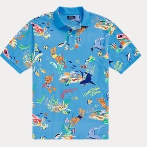 Polo Ralph Lauren Allover Bear Ocean Print Custom Slim Fit Polo Sz XL (18-20)